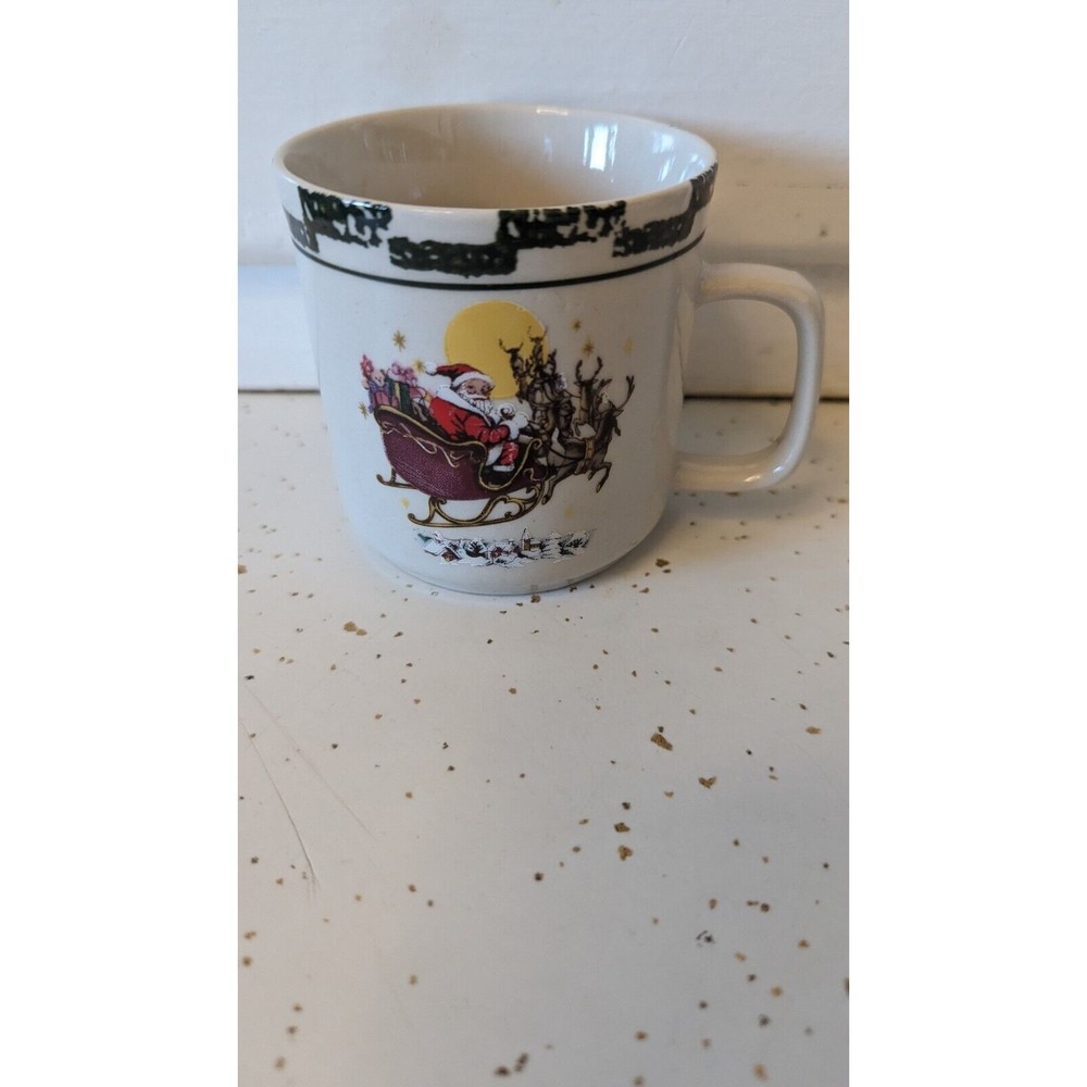 VINTAGE SANTA SLEIGH & REINDEER COFFEE MUGS STONEWARE REPLACEMENT CUPS